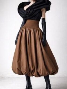 Emerson Lang Elegant Chic Brown Balloon Midi Bubble Skirt Size XL NWT